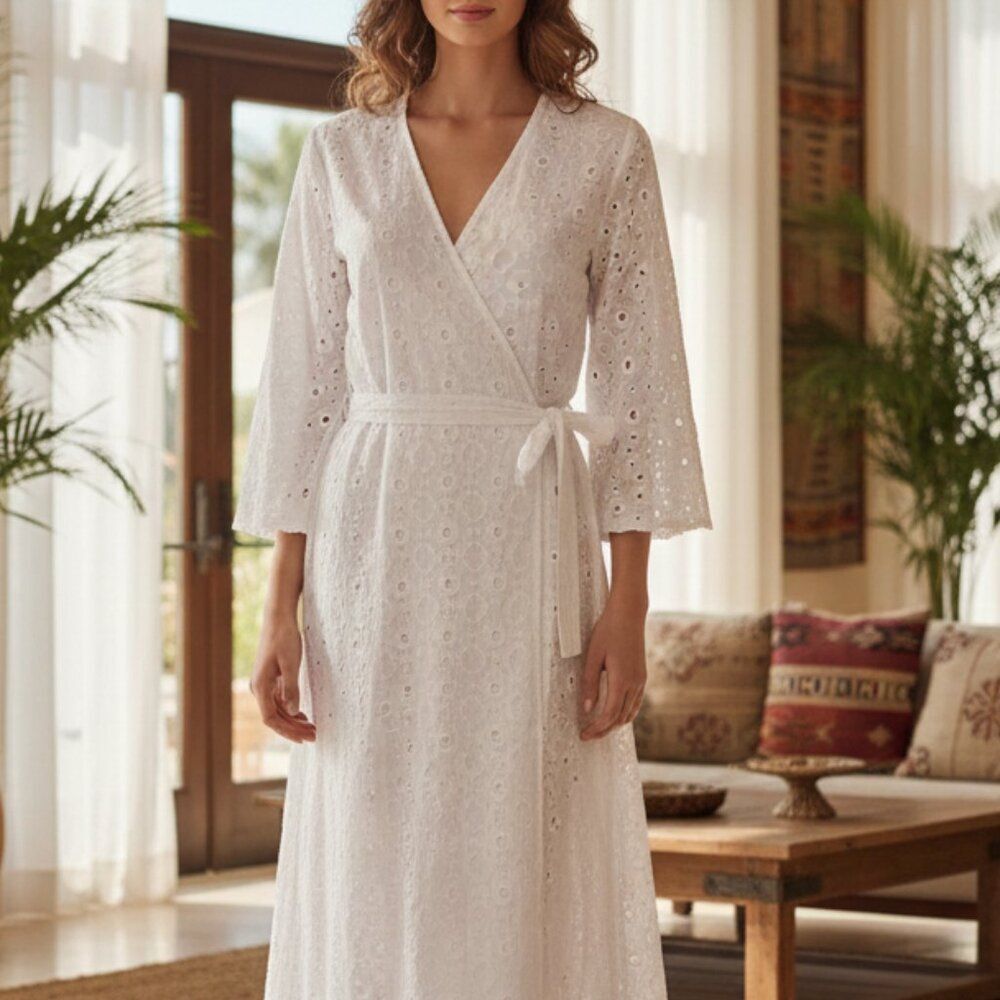 Zara White Eyelet Oversized Maxi Dress Bell Sleeve XS